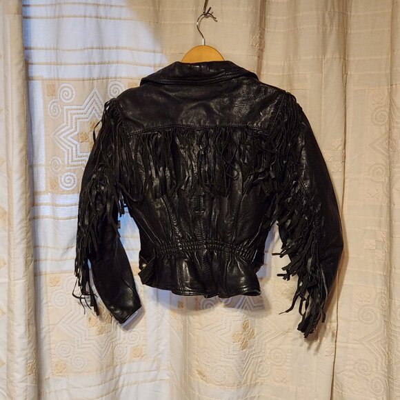 🏍️ First Fringe Genuine Cowhide Leather Biker Jacket Cropped Black 🤠 - Picture 3 of 7